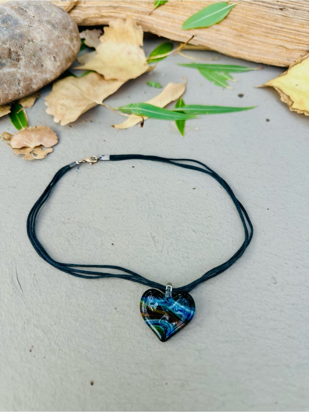 Handmade Blue Glass Heart Pendant Necklace - Women Jewelry